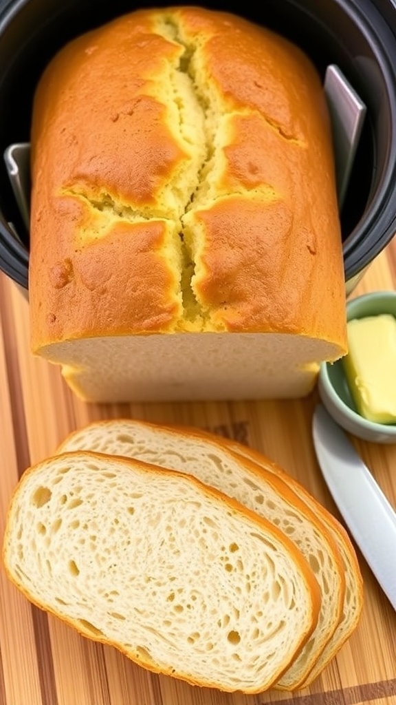 Freshly baked keto bread loaf with golden crust and soft interior, sliced on a wooden board with butter.